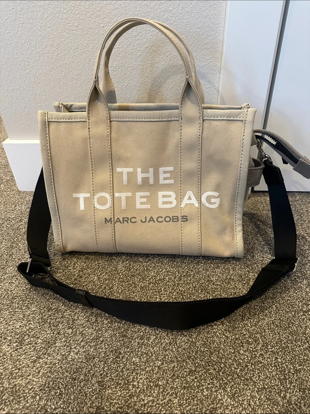 Marc Jacobs Beige Canvas Tote with Black Strap and White Logo
